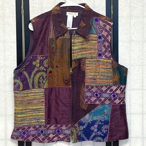 Coldwater Creek Victorian Crazy Quilt Patchwork Zip Front Collared Vest Purple